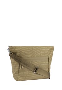 Beżowa torba na ramię z powtarzającym się wzorem "JOOP!JEANS". Posiada zasuwaną kieszeń i regulowany materiałowy pasek. Materiał wydaje się gładki.