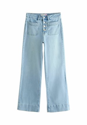 Light blue wide-leg denim jeans with high waist, four silver buttons, and two front patch pockets.