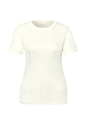 Hvid tætsiddende T-shirt med korte ærmer, rund hals og et lille mærke indeni kraven på en ensfarvet baggrund.