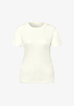 Wit nauwsluitend T-shirt met korte mouwen en ronde hals, met een klein label aan de binnenkant van de kraag, afgebeeld tegen een effen achtergrond.