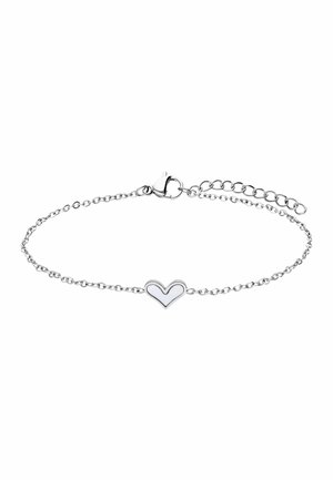 Zilveren armband met een klein wit geëmailleerd hartvormig bedeltje en een verstelbare sluiting met kreeftsklem op een witte achtergrond.