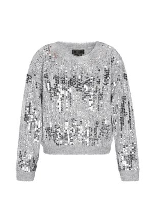 Gray knitted sweater featuring silver sequins in a scattered pattern, round neck, and long sleeves, with a soft, textured finish.