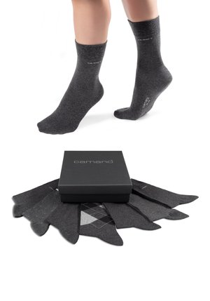 Dunkelgraue Socken aus weichem Fabric mit einem gerippten Bündchen und Logo. Eine schwarze Box zeigt mehrere Sockendesigns, darunter Muster und Texturen.
