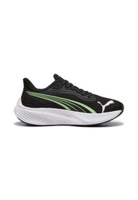Scarpa sportiva nera realizzata in rete e materiali sintetici, con dettagli verdi e una suola bianca con finiture testurizzate.
