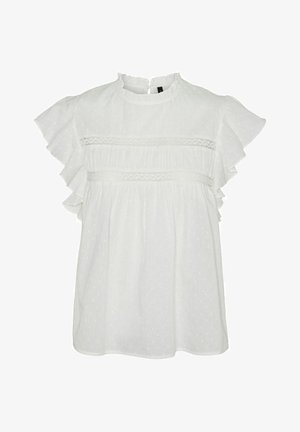Blouse blanche à manches courtes volantes, avec un col rond et une dentelle décorative à la poitrine. Texture à pois sur l'ensemble.