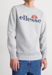 Grå sweatshirt med rund halsringning och långa ärmar, med en stor "ellesse"-logotyp och en böjd orange grafisk detalj. Material av bomullsblandning.