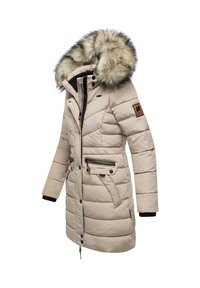 Beige puffer jacket with a fur-trimmed hood, zippered front, two zippered pockets, and ribbed cuffs; quilted texture with a sleek design.