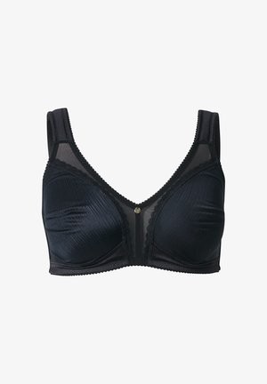Zwarte soft-cup bh met brede, gevoerde schouderbanden, gaasdelen, kantafwerking en een klein rond hangertje aan de voorkant.