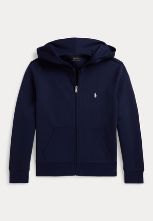 Sudadera con capucha y cremallera en azul marino, con bolsillos delanteros, mangas largas, capucha y pequeño logo blanco de Polo Ralph Lauren con un caballo en el pecho izquierdo.