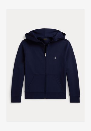 Marineblå lynlåshættetrøje med frontlommer, lange ærmer, hætte og lille hvid Polo Ralph Lauren hestelogo på venstre bryst.