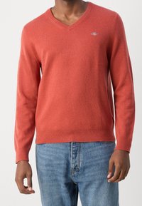 Homme portant un pull en V de couleur rouille avec un petit logo sur la poitrine et un jean en denim bleu clair, se tenant devant un fond uni.