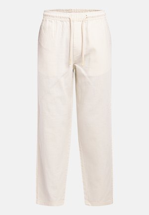 Előnytelen fehér színű, hétköznapi nadrágok rugalmas derékrésszel és húzókötéllel, egyenes szabás, könnyű texturált anyagból.