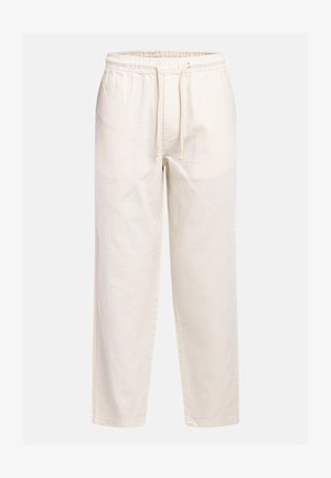 Előnytelen fehér színű, hétköznapi nadrágok rugalmas derékrésszel és húzókötéllel, egyenes szabás, könnyű texturált anyagból.