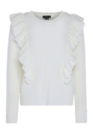 Pull blanc à rayures avec des volants sur le côté. Col rond, manches longues et texture douce. Un design simple mais détaillé.