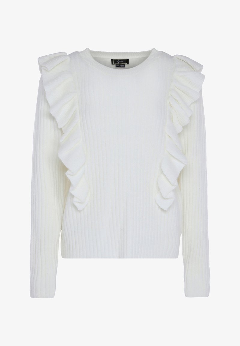 Fehér bordás pulóver oldalsó fodrokkal. Kerek nyak, hosszú ujjú és puha tapintású. Egyszerű, mégis részletes dizájn.