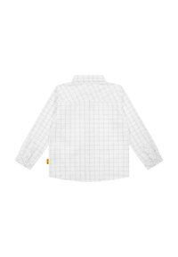 Camicia bianca a maniche lunghe con motivo a griglia. Presenta un colletto, polsini con bottone e un'etichetta laterale. Tessuto morbido con una texture liscia.