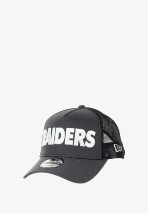 Black baseball cap with a solid front panel and mesh back, featuring "RAIDERS" in large white letters and a curved brim.