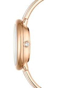 Reloj de oro rosa con una caja lisa y redondeada, pulsera delgada y una pequeña corona brillante. La esfera es minimalista y clara.