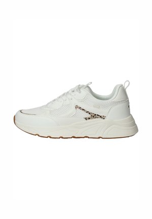 Witte sportieve schoenen met een gestructureerde mesh bovenkant en gladde leren accenten. Beschikt over een gumrubberen buitenzool en een decoratief luipaardprintdetail.