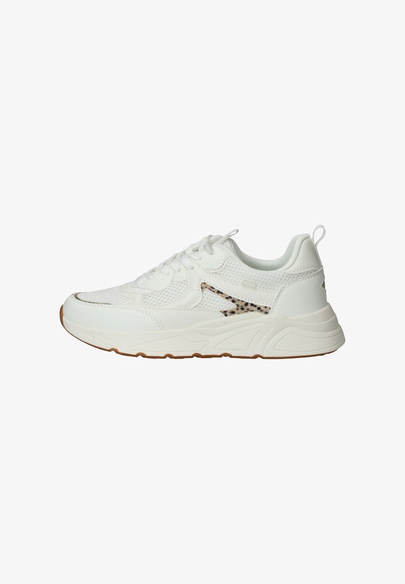 Witte sportieve schoenen met een gestructureerde mesh bovenkant en gladde leren accenten. Beschikt over een gumrubberen buitenzool en een decoratief luipaardprintdetail.