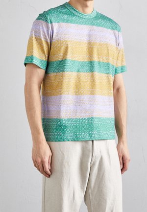 Mann trägt ein kurzärmeliges T-Shirt mit Rundhalsausschnitt und horizontalen Streifen in Grün, Gelb und Lavendel sowie hellbeige Hosen.