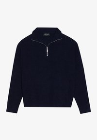 Pullover lavorato a maglia blu navy con colletto con zip, caratterizzato da una texture a coste e una vestibilità comoda, maniche lunghe con polsini a coste e orlo.