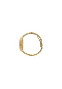 Gouden metalen horloge met een ronde kast, een gladde lunette en een schakelband. Kenmerken zijn een zij kroon en een gepolijste afwerking.