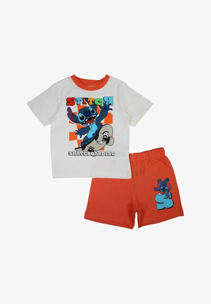 Ensemble pour enfants composé d'un T-shirt blanc avec un graphique coloré de Stitch et d'un short orange avec un design de cartoon assorti.