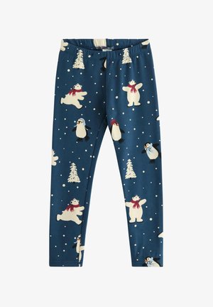 Navy leggings made of soft fabric featuring a winter-themed pattern with polar bears, penguins, snowflakes, and evergreen trees.