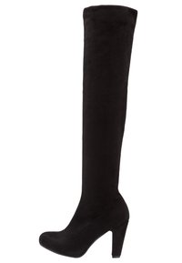 Black over-the-knee boots made of soft suede, featuring a stiletto heel and rounded toe. Sleek design with no visible hardware or accents.