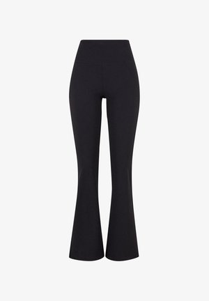 Black, high-waisted flared pants made from stretch fabric. Features a smooth texture and a fitted silhouette through the hips.