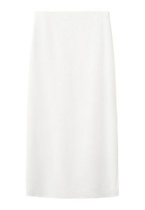 Biela ceruzková sukňa po kolená s hladkou textúrou a malým zipsom na hornej pravej strane.