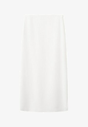 Hvid blyantsnederdel i knælængde med en glat tekstur og en lille lynlås på øverste højre side.