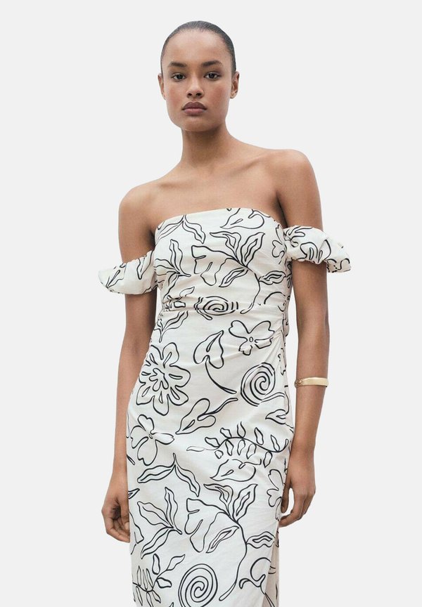 KVĚTINOVÝ VZOR S VÝSTŘIHEM BEZ RAMENÍ - Day dress - šedobílá3