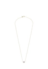 Gouden ketting met een delicate schakels en een ronde, lichtpaarse edelsteen hanger in het midden, voorzien van een fijne textuur.
