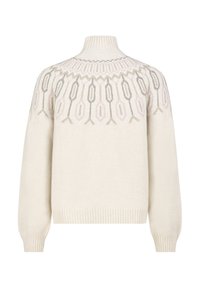 Cremefarbener Pullover mit hohem Kragen, gerippten Bündchen und einem gemusterten Schulterbereich mit grau-rosa geometrischen Designs. Weicher Stoff.
