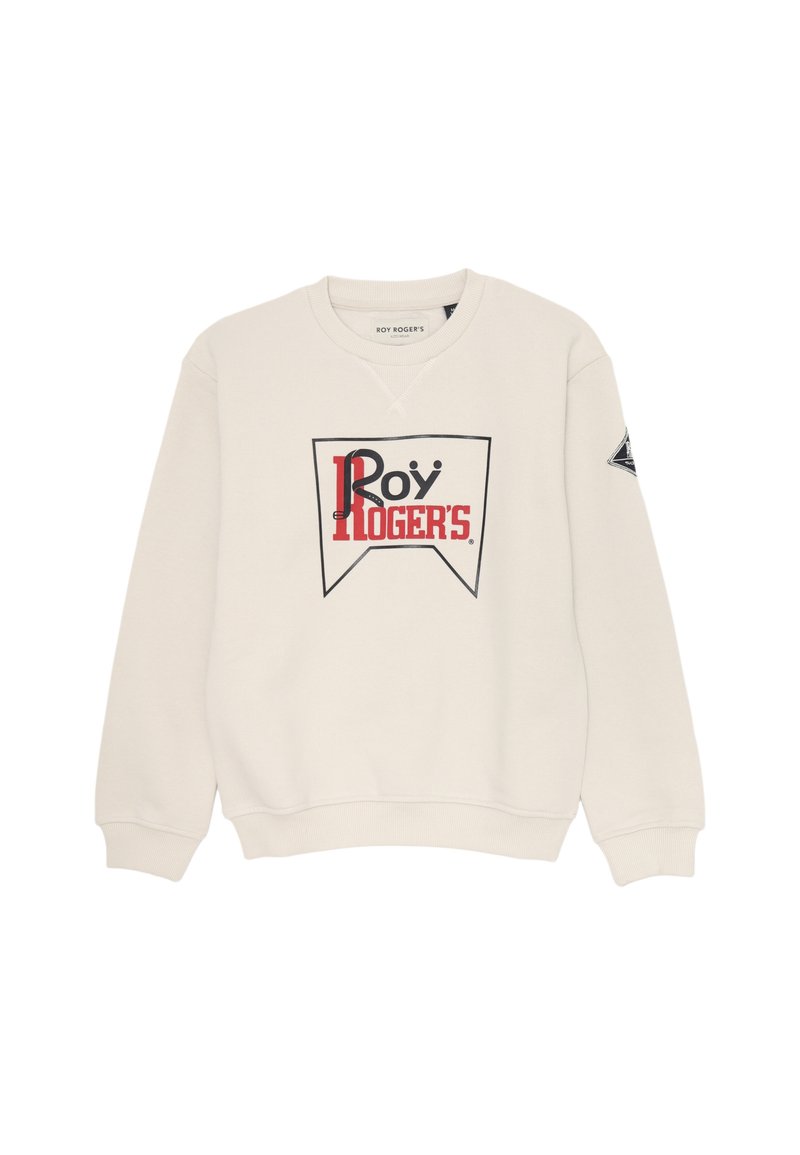 Felpa crema con un audace logo "Roy Rogers" in rosso e nero, con polsini e orlo a coste, e un design a triangolo sulla parte anteriore.