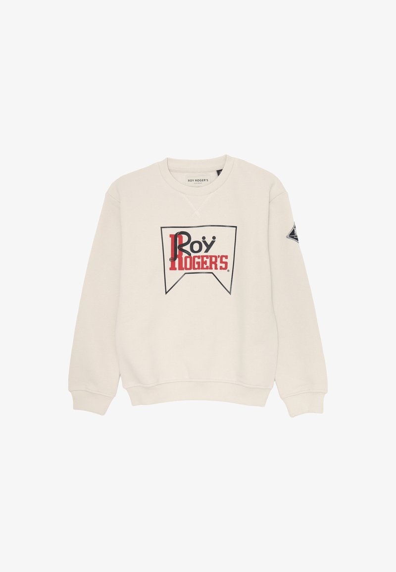 Felpa crema con un audace logo "Roy Rogers" in rosso e nero, con polsini e orlo a coste, e un design a triangolo sulla parte anteriore.