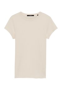 Short-sleeve, ivory ribbed t-shirt. Round neck, soft texture, fitted design, and a subtle brand label at the neckline.