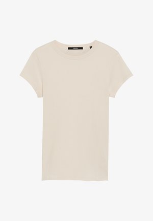 Kurzärmliges, elfenbeinfarbenes, geripptes T-Shirt. Runder Ausschnitt, weiche Textur, taillierte Passform und ein dezentes Markenlabel am Ausschnitt.