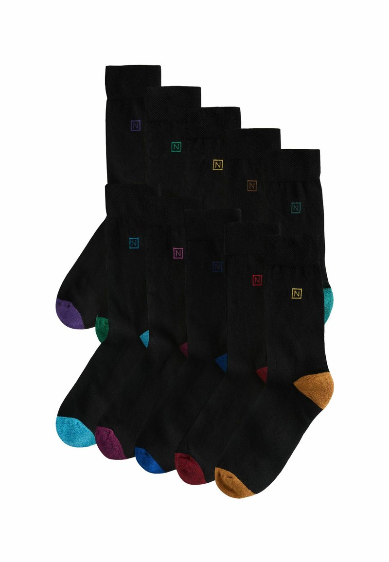 Schwarze Socken mit farbigen Zehenakzenten: lila, grün, blau, rot, rosa und gelb. Jede mit einem kleinen Logo am Bündchen. Weicher Stoff, Standardlänge.