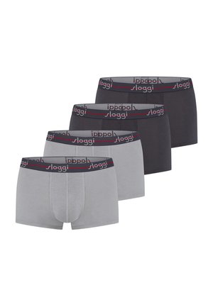 Vier Herren-Boxershorts in abwechselnd dunkelgrau und hellgrau, jeweils mit einem schwarzen Bund mit Markenaufdruck "sloggi".