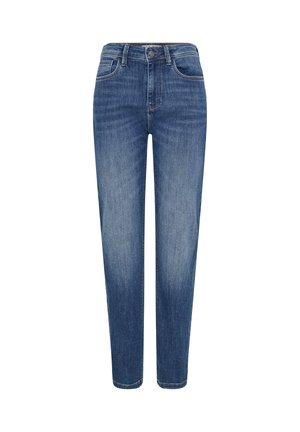 Jean bleu slim à taille haute avec boutons et fermeture éclair à l'avant, style cinq poches, avec une légère décoloration subtile sur les jambes.
