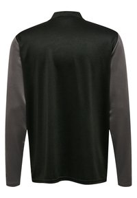 Långärmad skjorta med en solid svart kropp, grå ärmar, krage och strukturerad tyg med kontrasterande släta områden.