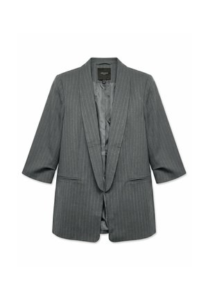 Blazer gris à fines rayures, manches trois-quarts, col châle et devant ouvert, dévoilant une doublure intérieure lisse.