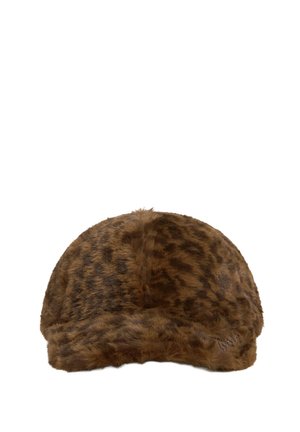 Cappello in pelliccia sintetica marrone con motivo leopardato e forma morbida e arrotondata.