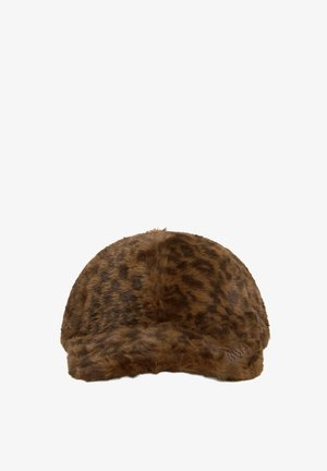 Cappello in pelliccia sintetica marrone con motivo leopardato e forma morbida e arrotondata.