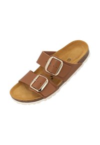 Bruine flip-flop sandaal met twee brede banden, zilveren gespen en een getextureerde tan voetbed. De zool is lichtjes getextureerd voor grip.