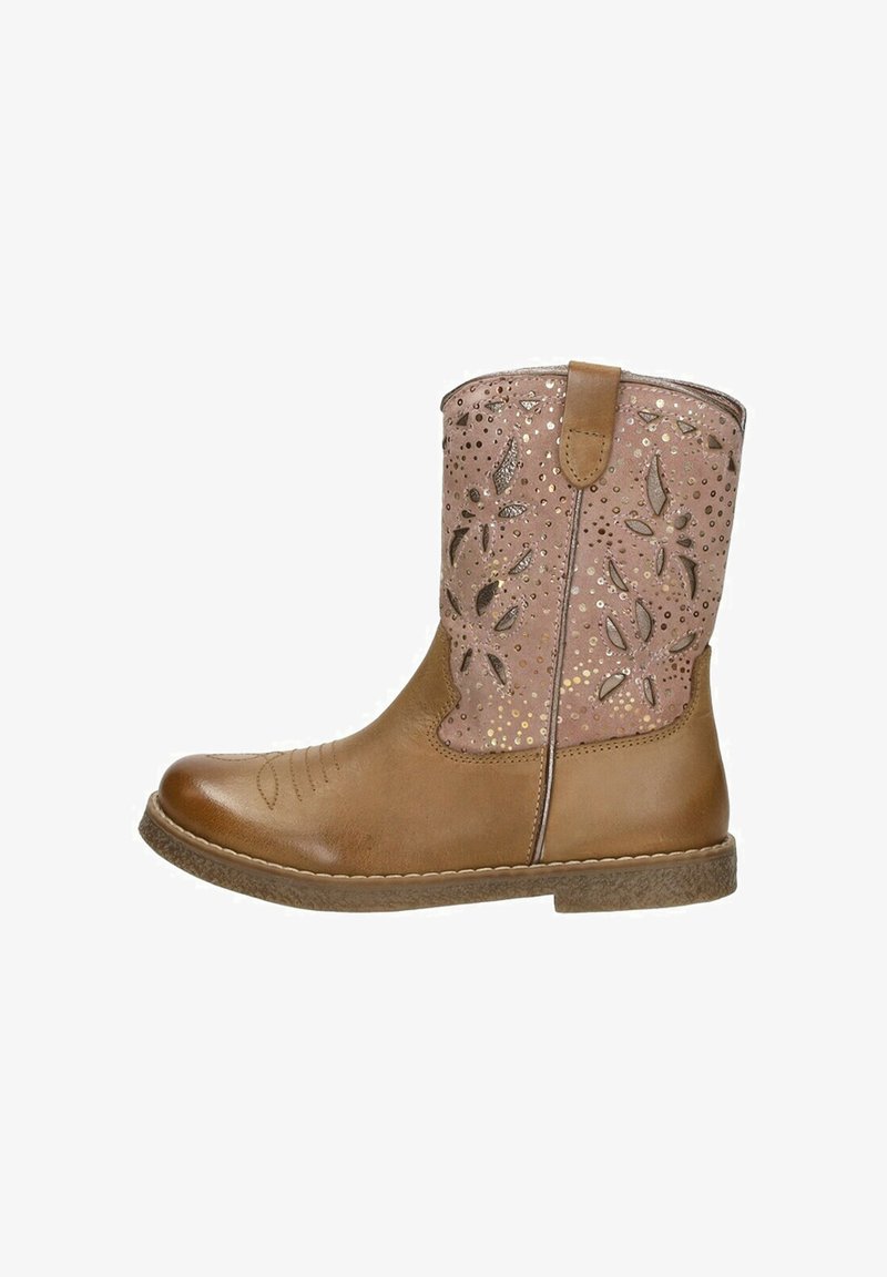 Brown leather ankle boot with a pink patterned fabric upper, featuring cut-out leaf designs and metallic accents, and a textured sole.