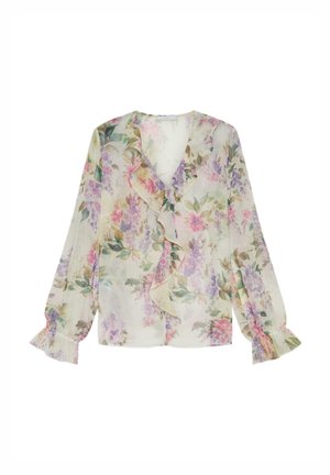 Doorschijnende blouse met lange mouwen, voorzien van een gerimpelde voorkant en manchetten, met een pastel bloemmotief in roze, paars en groene tinten op een lichte achtergrond.